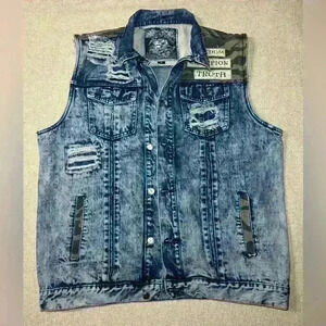 S2 Men’s Blue Distressed Denim Camouflage Vest B0058